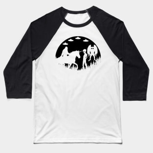 Bigfoot Riding Unicorn With Mothman Ufos And Alien Baseball T-Shirt